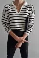 Arife Hanım Women's Polo Neck Black White Striped Long Sleeve Knitwear Sweater Arife Hanım Women's Polo Neck Black White Striped Long Sleeve Knitwear Sweater