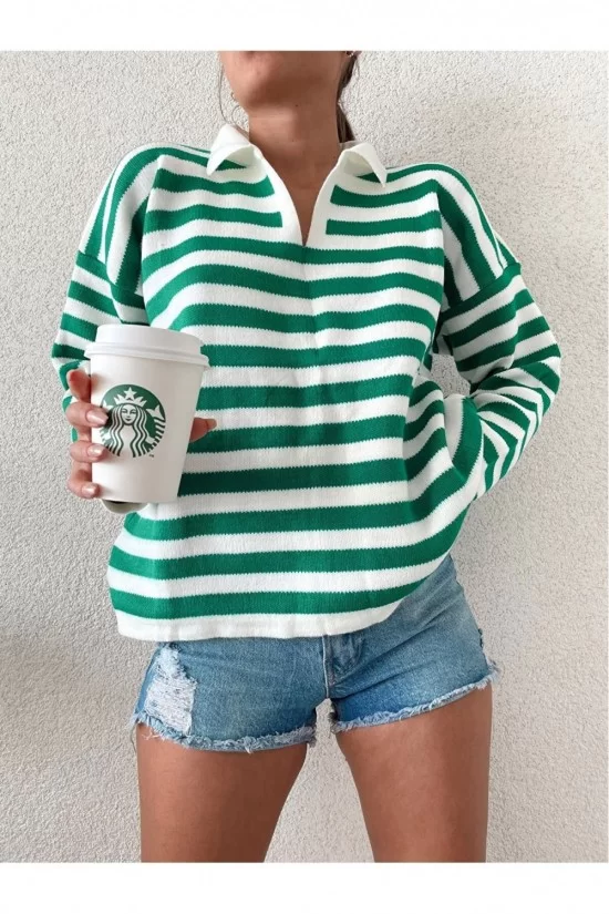 Arife Hanım Women's Polo Neck Black White Striped Long Sleeve Knitwear Sweater Arife Hanım Women's Polo Neck Black White Striped Long Sleeve Knitwear Sweater