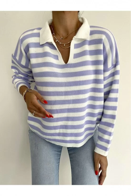 Arife Hanım Women's Polo Neck Black White Striped Long Sleeve Knitwear Sweater Arife Hanım Women's Polo Neck Black White Striped Long Sleeve Knitwear Sweater