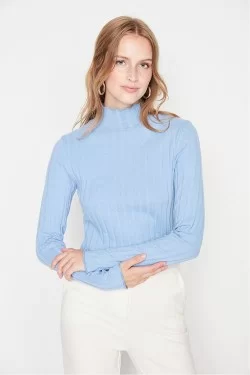 Arife Hanım Blaue Kordstrickbluse mit hohem Kragen