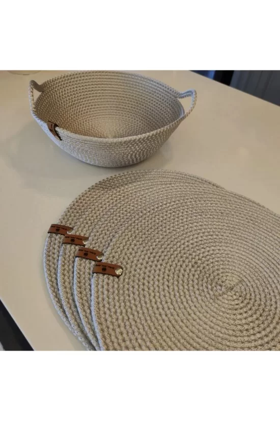 Arife Hanım 4 Adet 35 Cm Yuvarlak Beyaz Şeritli Amerikan Servis 1 Adet Sepet Polyester Tress Ip Supla Sunum Takımı Çeşitleri