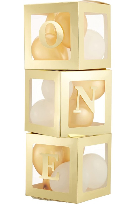 PG0504 One Yazılı Gold Kutu ve Balon Seti Bebek 1 Yaş Doğum Günü Kutlama