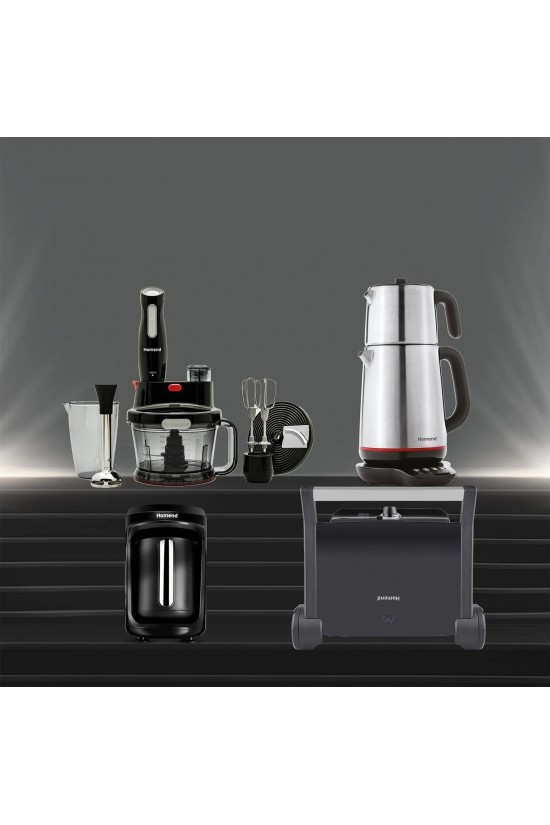 Premium Series 4-Piece Black Inox Dowry S, Tea Maker, Toaster, Muk Robot, Turkish Coffee Maker