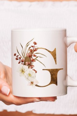 Letter G Porcelain Mug Cup - Floral Patterned Letter G Printed Coffee/Tea Cup