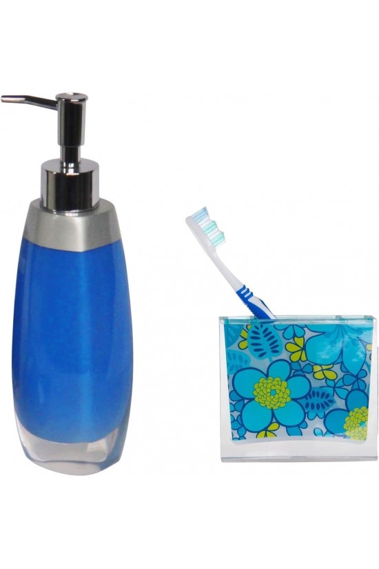 LIQUID SOAP DISPENSER, TOOTH BRUSH 2 BATH S, GRAY BLUE AND FLORAL LIQUID SOAP DISPENSER, TOOTH BRUSH 2 BATH S, GRAY BLUE AND FLORAL