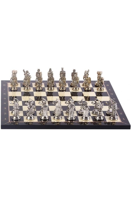 Orta Boy Metal Osmanlı Bizans Satranç Takımı Parlak ve Ceviz Desenli MDF Ahşap Satranç Tahtası (37x37 cm.)