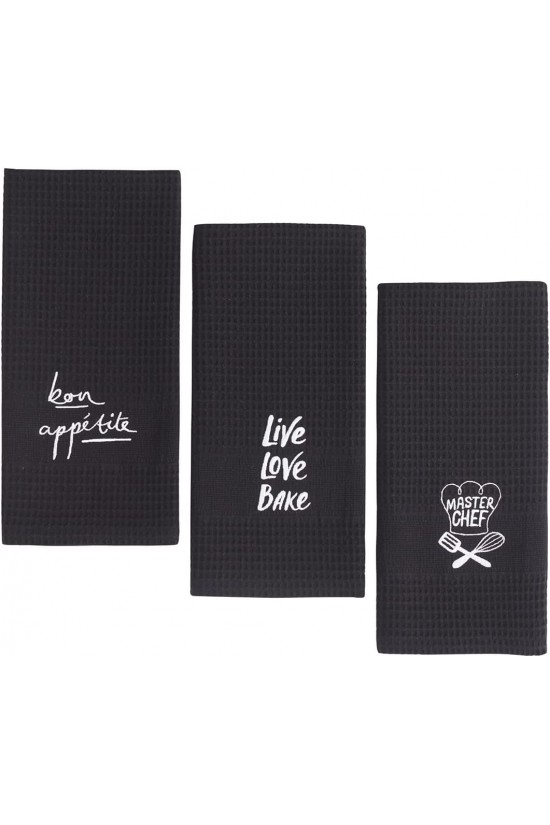 Tea Towel Siyah Masterchef 3lü Muk Peçete S, Nakışlı Kurulama Bezi(3*50x70), 200-004-BNK-TEA00004