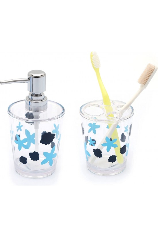 2 BADEZIMMER MIT SEIFENSPENDER UND ZAHNBÜRSTE S GEFLECKTES MODELL, Transparent, Blau, 2 BADEZIMMER MIT SEIFENSPENDER UND ZAHNBÜRSTE S GEFLECKTES MODELL, Transparent, Blau,