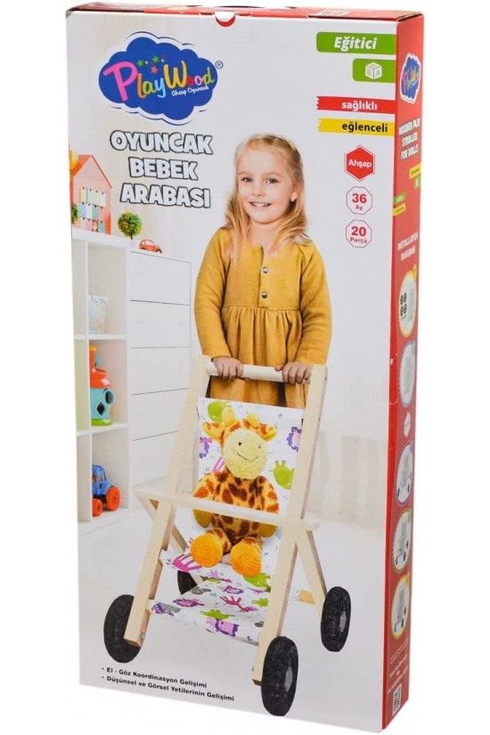 Playwood Kutuda Ahşap Oyuncak Bebek Arabası