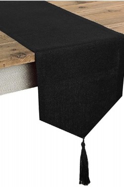 Silberner Leinenläufer mit schwarzen Quasten, 45 x 200
