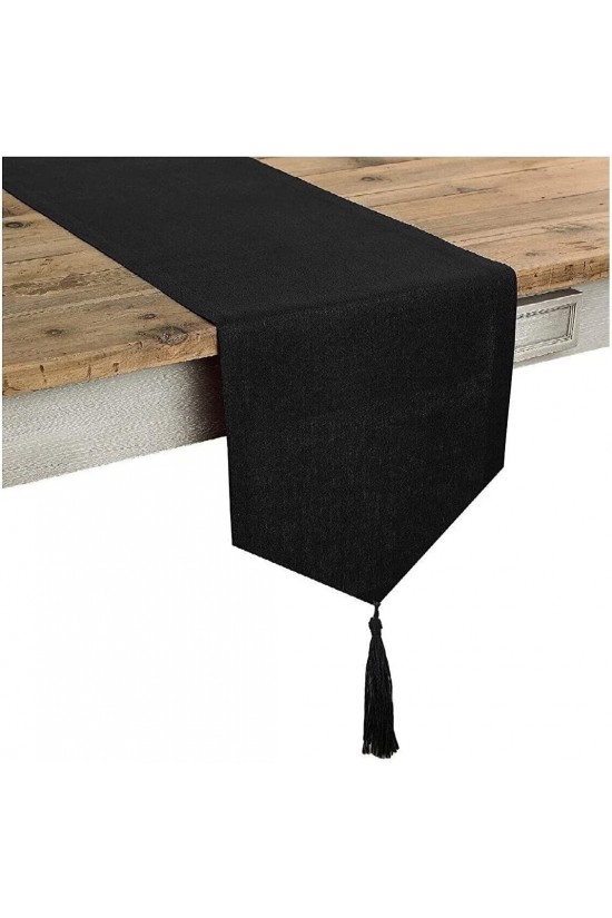 Silberner Leinenläufer mit schwarzen Quasten, 45 x 200 Silberner Leinenläufer mit schwarzen Quasten, 45 x 200