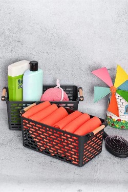 MataHare 01 Ahşap Renk Plastik Saplı Buzdolabı Organizer Sepet Düzenleyici, Siyah, 2 Adet