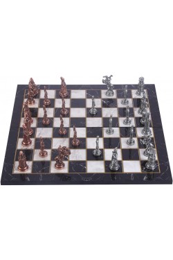 Conjunto de xadrez bizantino otomano de metal de tamanho grande, tabuleiro de xadrez de madeira MDF com padrão de mármore antigo e dobrável (43x43 cm.)