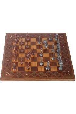 Conjunto de xadrez bizantino otomano de metal de tamanho grande, antigo e feito à mão, tabuleiro de xadrez simples de madeira maciça