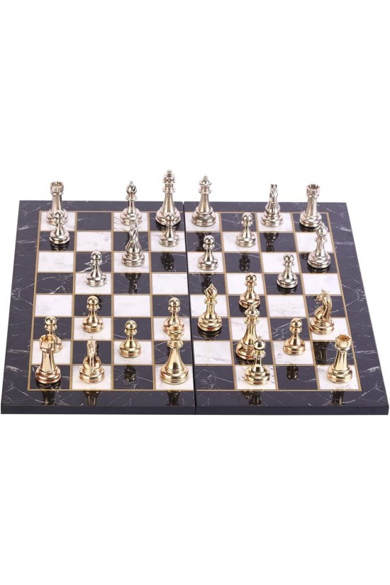 Metal Klasik Satranç Takımı Parlak ve Katlanır Mermer Desenli MDF Ahşap Satranç Tahta (43x43 cm.)
