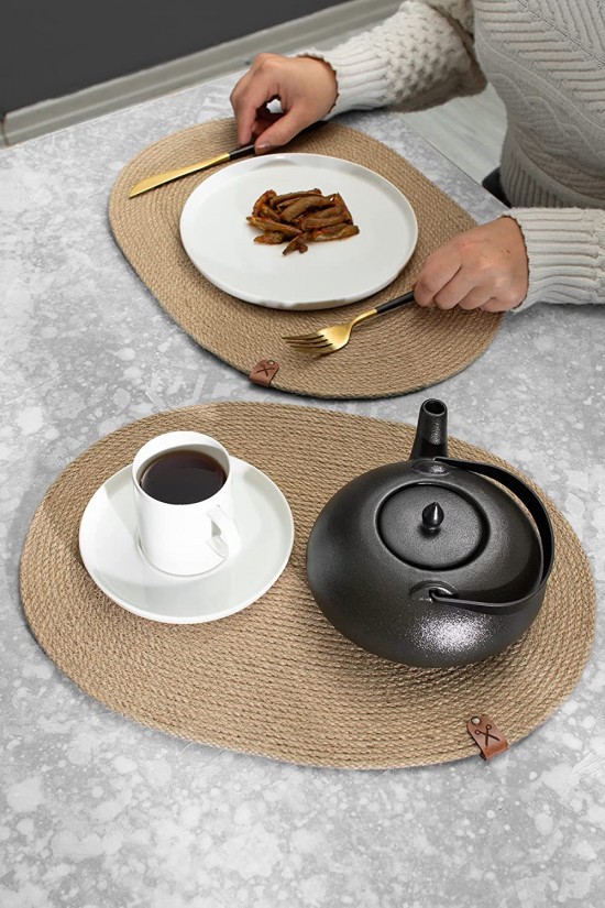 2 Adet Oval Doğal Amerikan Servis Jüt Hasır Örgü Sunum Supla Takımı, 30x40cm