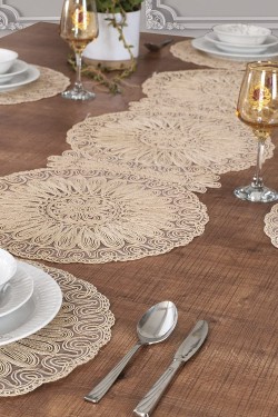 Venezia Amerikan Servis Supla ve Runner Set 6 Kişilik Nakışlı Bej 7 Parça Çeyizlik Takımı
