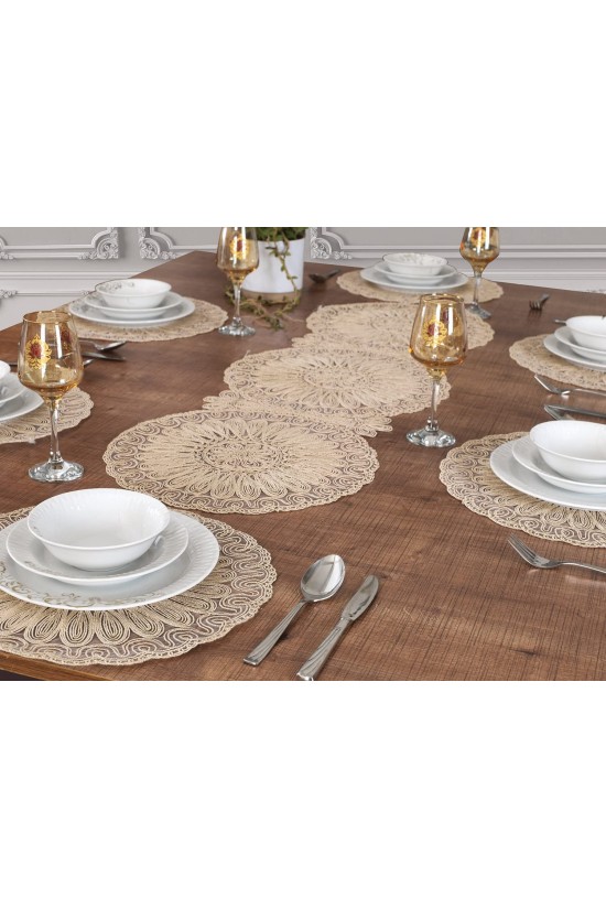 Venezia Amerikan Servis Supla ve Runner Set 6 Kişilik Nakışlı Bej 7 Parça Çeyizlik Takımı Venezia Amerikan Servis Supla ve Runner Set 6 Kişilik Nakışlı Bej 7 Parça Çeyizlik Takımı