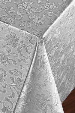 Mit Fasern gefütterte PVC-Tischdecke, 140 x 140 cm, abwischbar, flüssigkeitsbeständig, schmutzabweisend, Blumenmuster, Silber