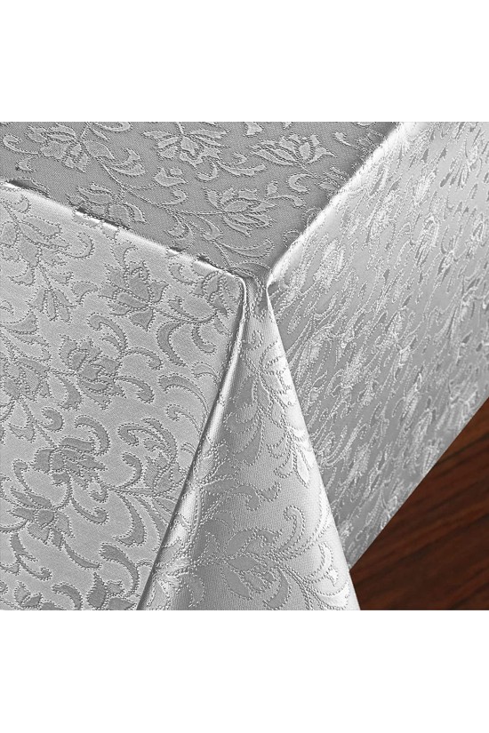 Mit Fasern gefütterte PVC-Tischdecke, 140 x 140 cm, abwischbar, flüssigkeitsbeständig, schmutzabweisend, Blumenmuster, Silber