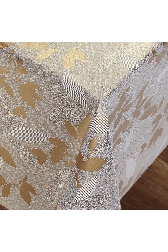 Mit Fasern gefütterte PVC-Tischdecke, abwischbar, flüssigkeitsbeständig, schmutzabweisend, Blattmuster, Gold, 100 x 140 cm Mit Fasern gefütterte PVC-Tischdecke, abwischbar, flüssigkeitsbeständig, schmutzabweisend, Blattmuster, Gold, 100 x 140 cm