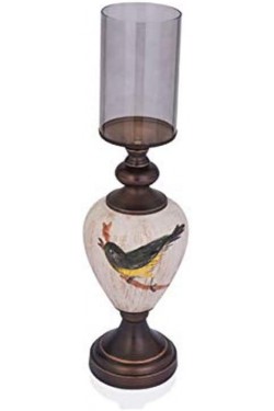 Bird Patterned Cream Glass Candle Holder, 14x52