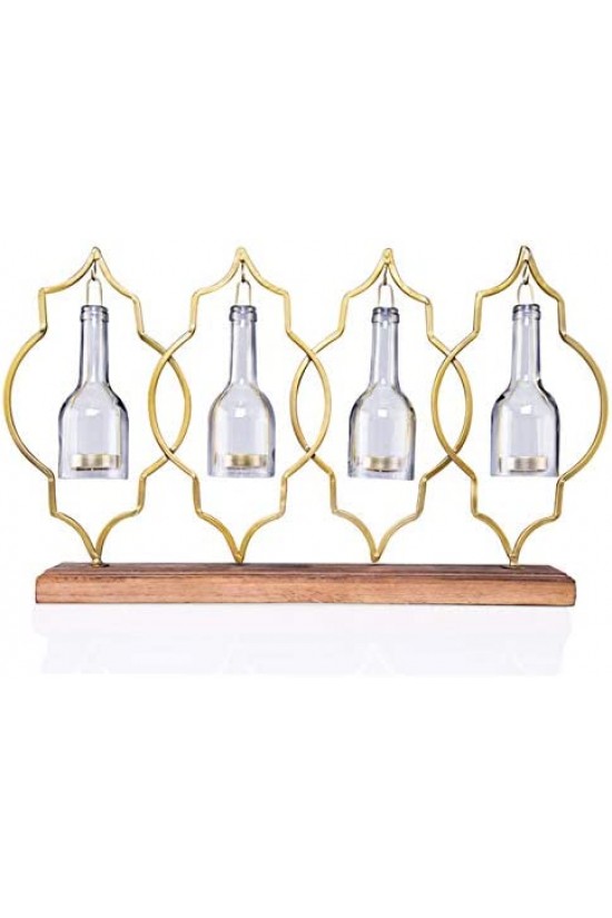 4-teiliger hängender Kerzenhalter aus Glas mit Holzständer, 54 x 37 cm 4-teiliger hängender Kerzenhalter aus Glas mit Holzständer, 54 x 37 cm