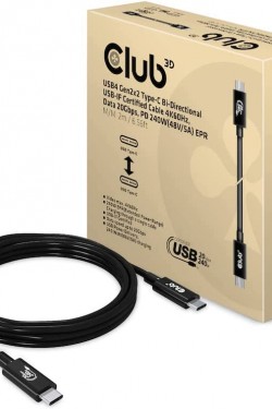 Club3D USB4 Gen2x2 Tip C Bi-Yönlü USB-IF Sertifikalı Kablo 4K60Hz, Veri 20Gbps, PD 240W EPR St./St. 2m