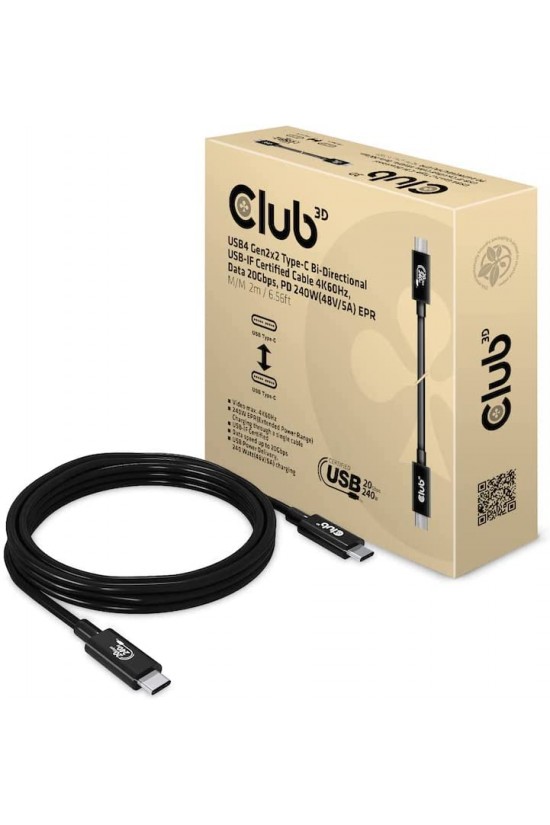 Club3D USB4 Gen2x2 Tip C Bi-Yönlü USB-IF Sertifikalı Kablo 4K60Hz, Veri 20Gbps, PD 240W EPR St./St. 2m Club3D USB4 Gen2x2 Tip C Bi-Yönlü USB-IF Sertifikalı Kablo 4K60Hz, Veri 20Gbps, PD 240W EPR St./St. 2m