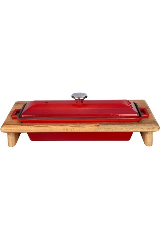 Döküm Ekmek Kabı ve Ahşap Standı, 11x29cm, Kırmızı