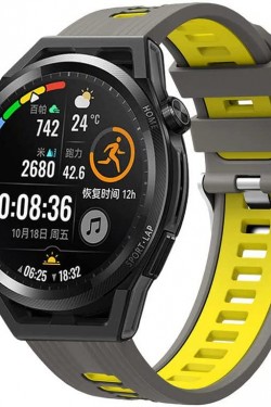 Watch GT 3 46mm İle Uyumlu 10 Kademeli Ayarlanabilir Esnek Silikon Malzeme Suya Karşı Dirençli Renkli Grealish Delikli Silikon Kordon Gri- Sarı