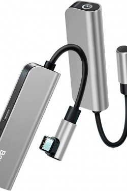 L53 2 in 1, Computer/Phone Mini Hub Adapter, Gray - Black, Input: USB Type C, Output: USB Type C & AUX 3.5 mm Jack, Travel Size, Type C Charger & Headphone Converter