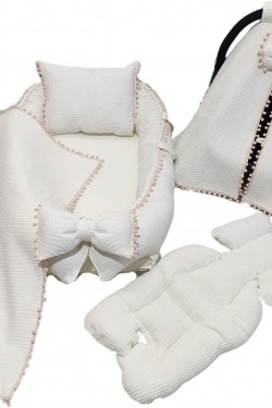 Babynest Petek Pike Kumaş 5 Parça Set (Krem Pudra Ponpon)