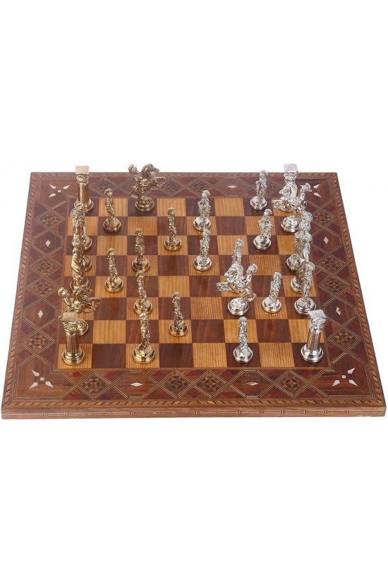 Großes römisches Schachspiel aus Metall, glänzendes und handgefertigtes Schachbrett aus massivem Holz Großes römisches Schachspiel aus Metall, glänzendes und handgefertigtes Schachbrett aus massivem Holz