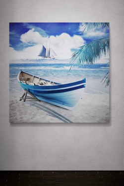 B12493 Demirlemiş Yelkenli Ve Sahilde Sandal Kanvas Tablo, 100x100 cm
