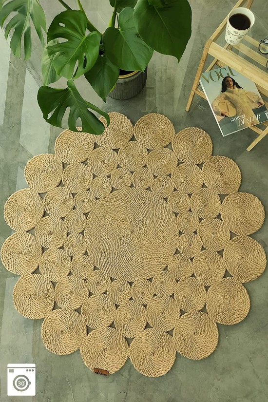 Floex Round Washable Nano Mesh Jute Carpet Rug, 120 cm