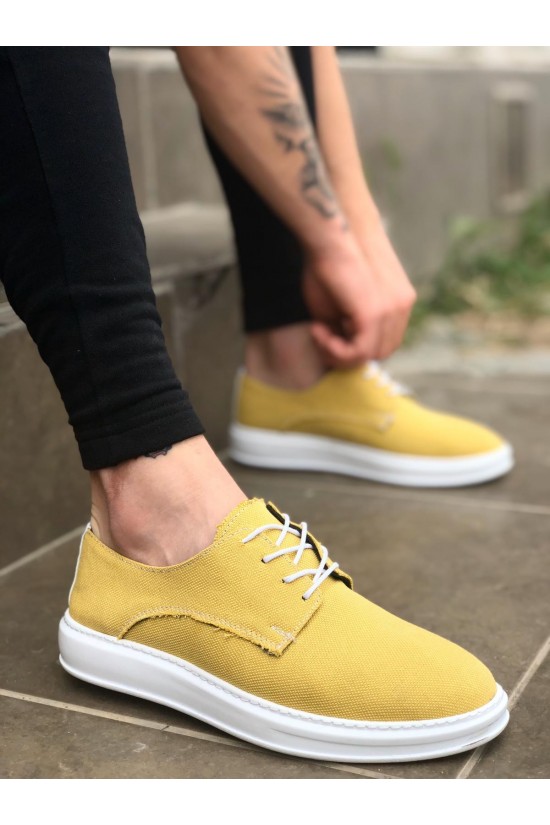 K&A-BA0003 Bağcıklı Klasik Spor Keten Sarı Beyaz Yüksek Taban Casual Erkek Ayakkabı