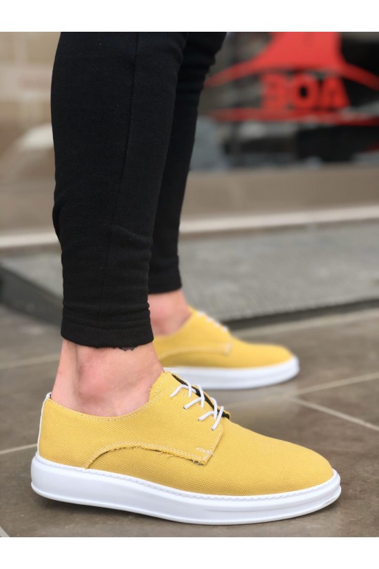 K&A-BA0003 Bağcıklı Klasik Spor Keten Sarı Beyaz Yüksek Taban Casual Erkek Ayakkabı