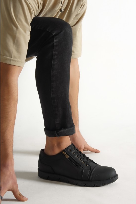 Chaussures décontractées confortables en cuir véritable pour hommes, couleur noire