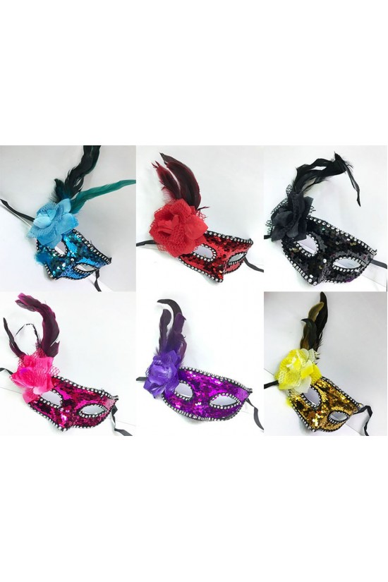 Seitlich mit gefiederten Pailletten bestickte Weihnachtsparty-Maske, gemischte Farben, 12 Stück Seitlich mit gefiederten Pailletten bestickte Weihnachtsparty-Maske, gemischte Farben, 12 Stück