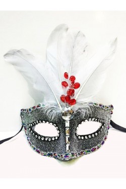 Bead Embroidered Lace Feather Christmas Party Mask Silver Color