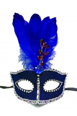 Bead Embroidered Ruched Feathered Christmas Party Mask Blue Color