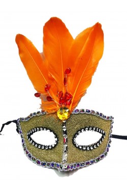 Bead Embroidered Lace Orange Feather Christmas Party Mask Gold Color