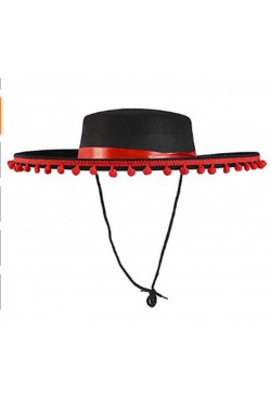 Black Color Kids Spanish Cap With Red Pompom