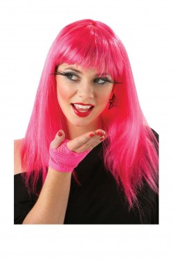 Perruque de fête longue et lisse de couleur rose bonbon rose foncé