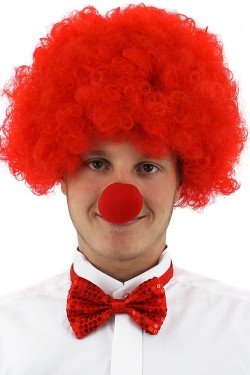 Kırmızı Renk Kıvırcık Afro Bonus Peruk Takma Saç ve Kırmızı Burun Seti