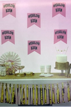 Pembe Üzeri Gümüş Renk Hoşgeldin Kızım Bayrak Süs