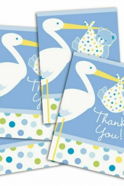 Mavi Renk Baby Stork Baby Shower Teşekkür Zarfı ve Not Seti 8 Adet