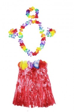 Luau Aloha Hawaii Necklace Skirt Crown and Bracelet Set Red