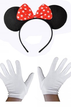Kırmızı Fiyonklu Minnie Mouse Tacı ve Beyaz Eldiven Seti